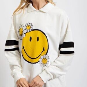 Easel White Hoodie with Yellow Smiley and Flowers